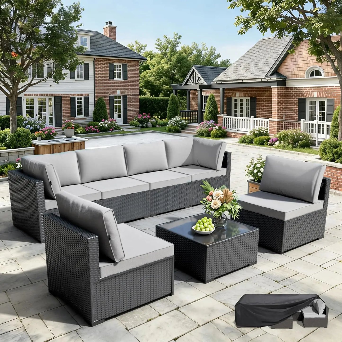7-Piece All-Weather Wicker Rattan Patio Sectional Sofa Set – Modular Outdoor Furniture