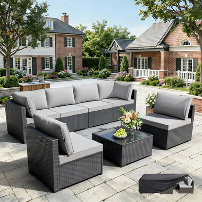 7-Piece All-Weather Wicker Rattan Patio Sectional Sofa Set – Modular Outdoor Furniture