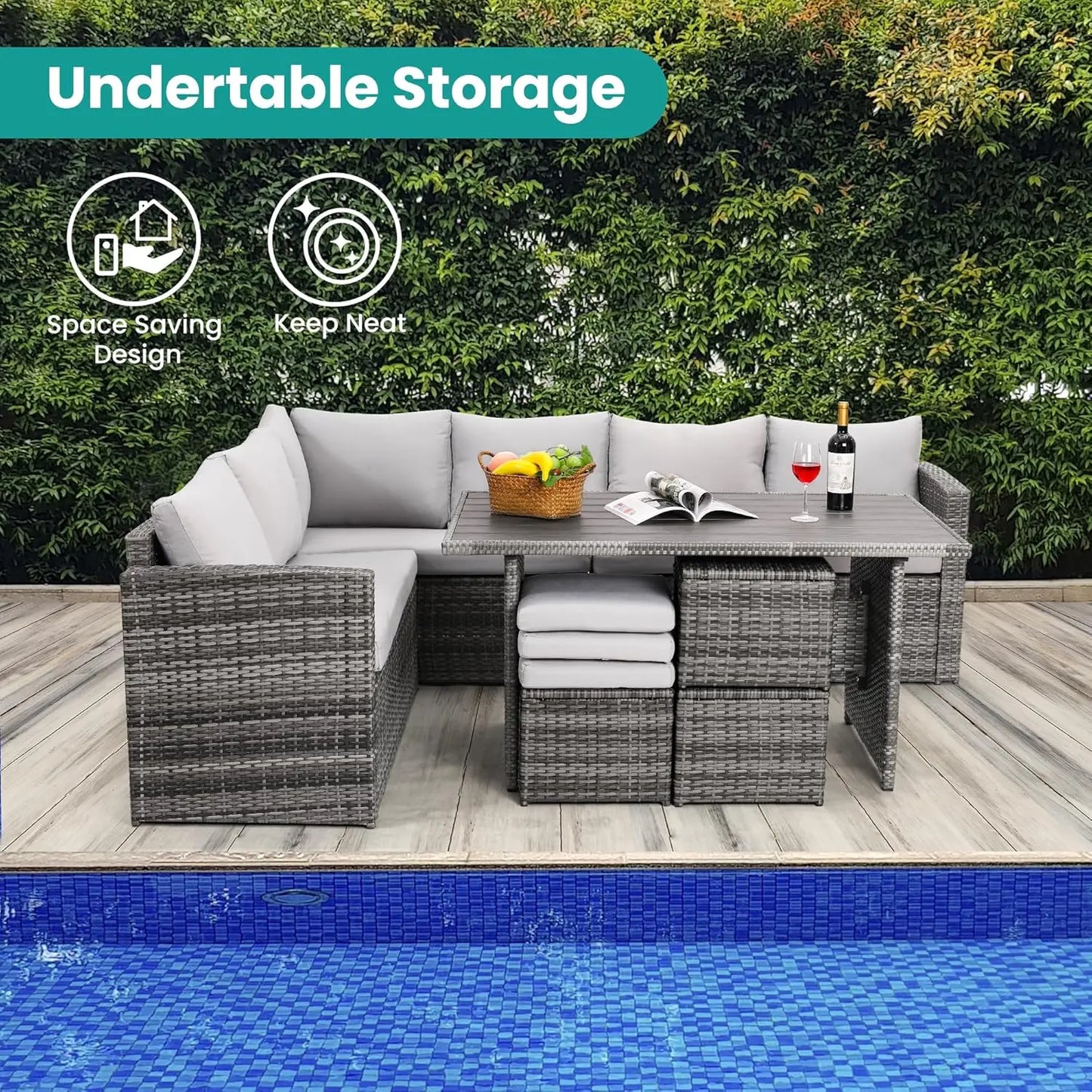 7-Piece Outdoor Wicker Patio Dining Set – Table, Chairs & Ottomans Included
