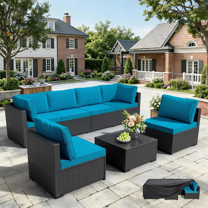 7-Piece All-Weather Wicker Rattan Patio Sectional Sofa Set – Modular Outdoor Furniture