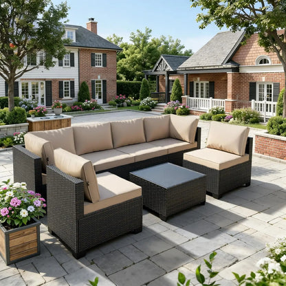 7-Piece All-Weather Wicker Rattan Patio Sectional Sofa Set – Modular Outdoor Furniture