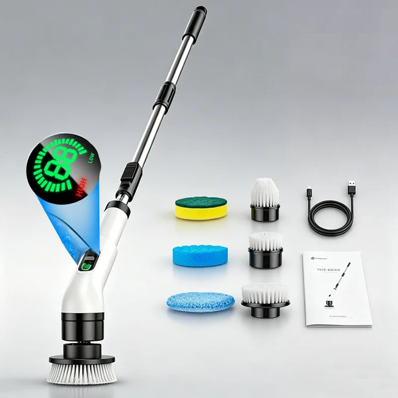 Cordless Electric Spin Scrubber – Multi-Head Power Scrubber with Extendable Handle